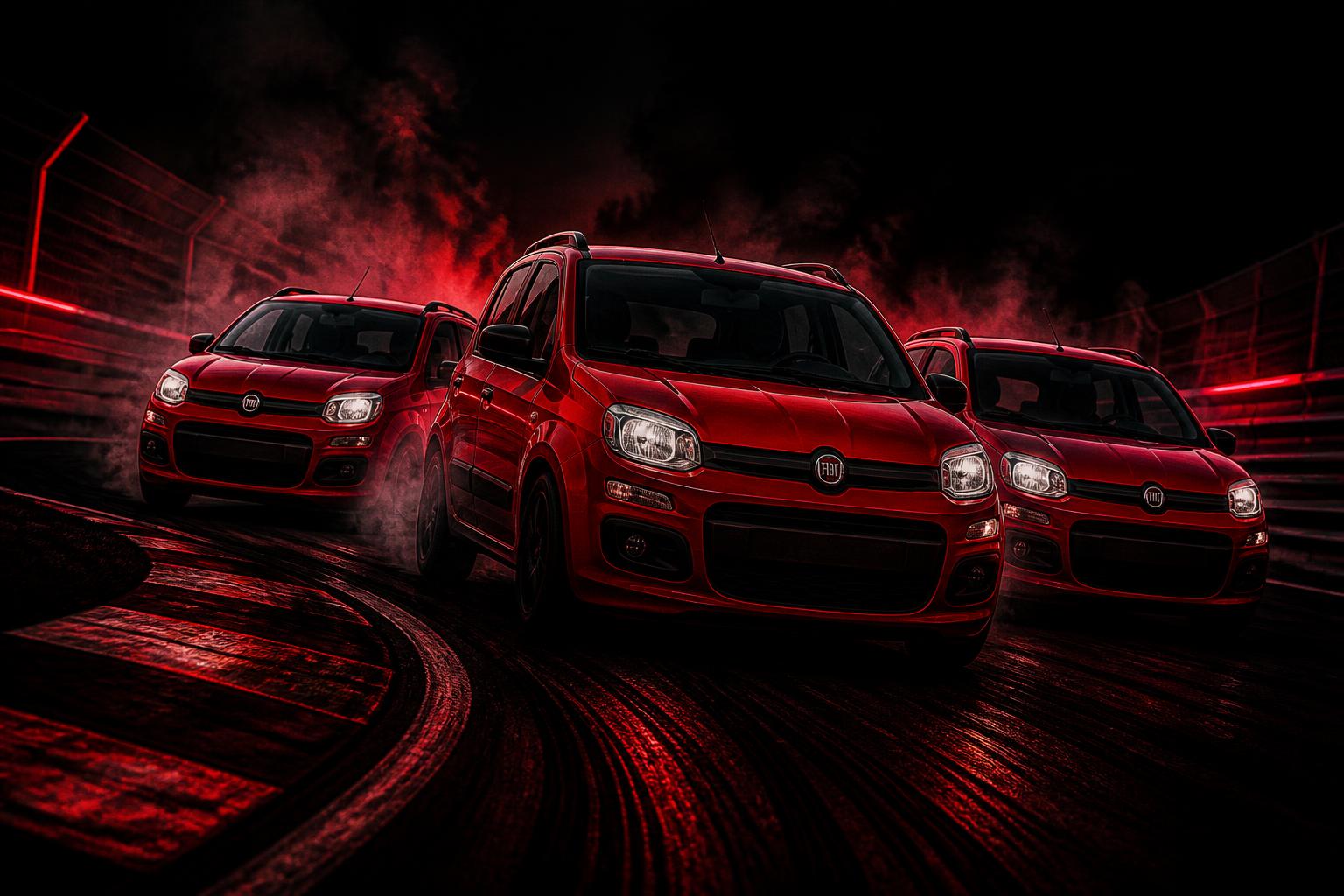 Drie rode Fiat Panda's in formatie op het circuit